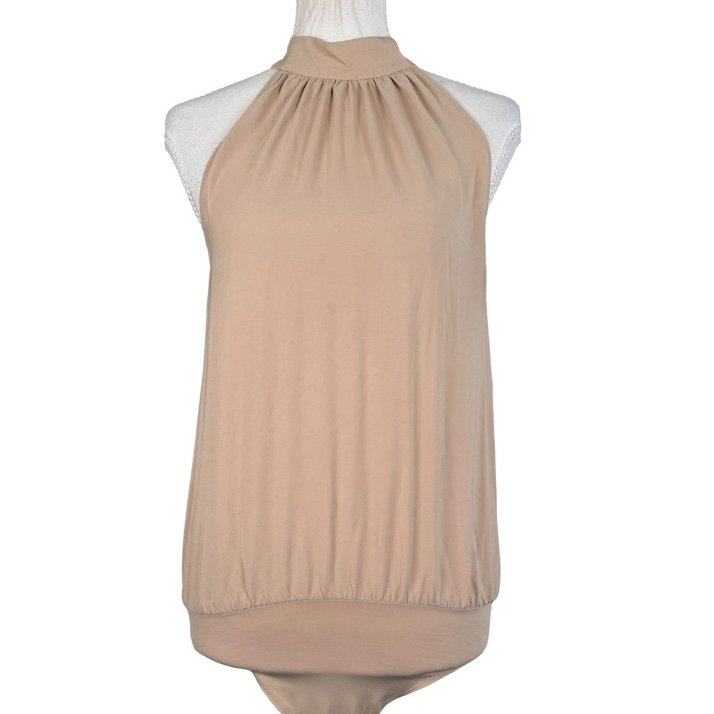 Express Bodysuit Womens S Tan Rayon Halter High Neck Keyhole Back Sleeveless
